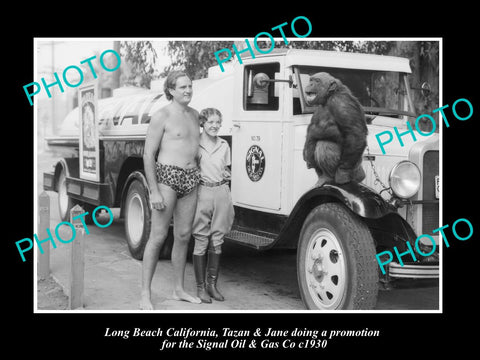 OLD HISTORIC PHOTO OF LONG BEACH CALIFORNIA, TARZAN IN SIGNAL OIL PROMO c1930