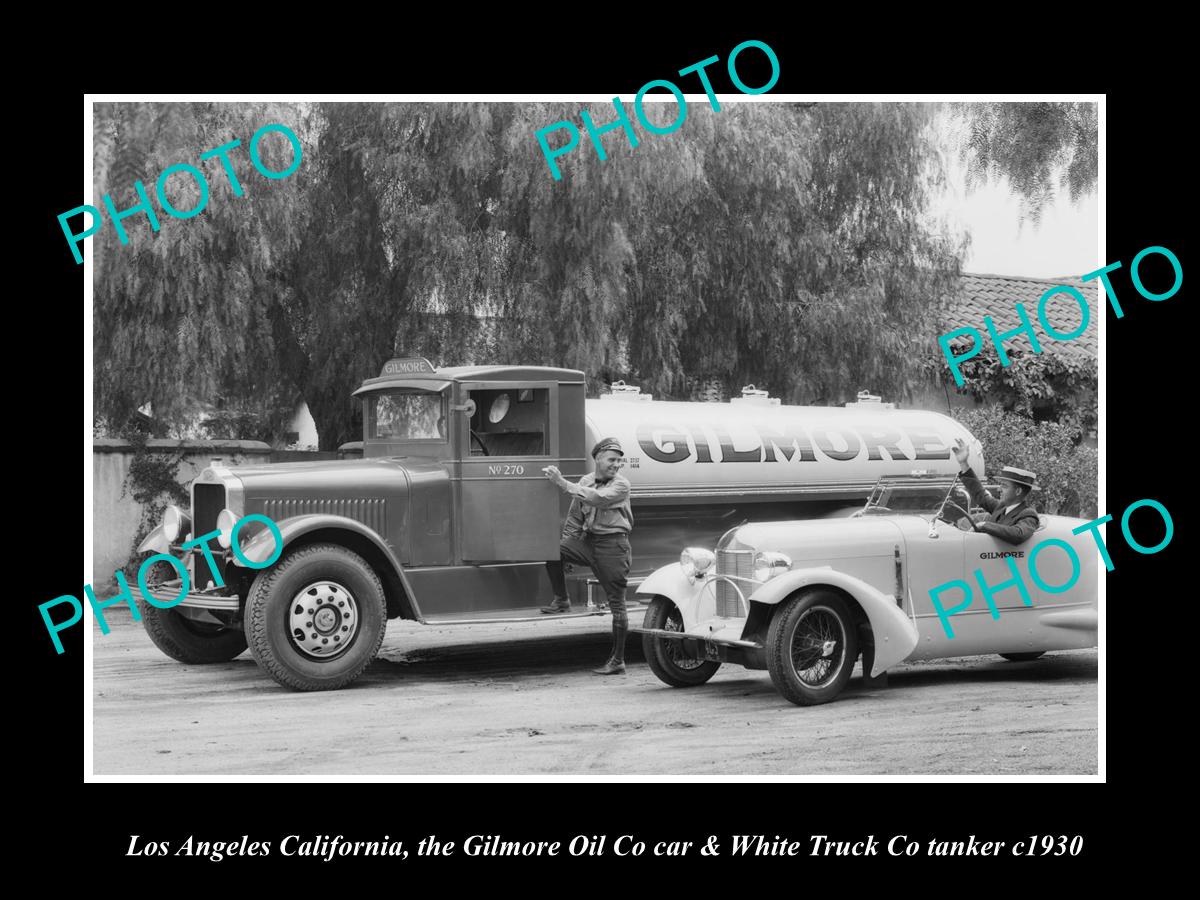 OLD LARGE HISTORIC PHOTO OF LOS ANGELES, THE GILMORE OIL co TANKER & CAR c1930