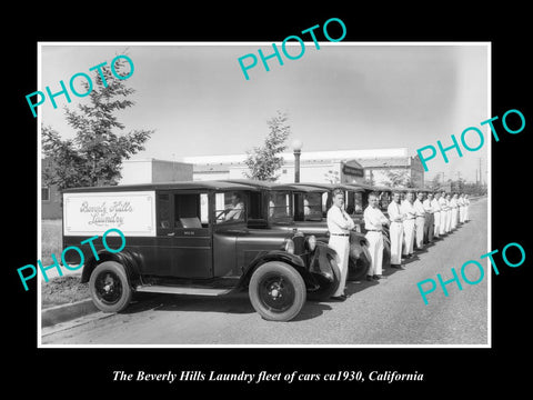 OLD LARGE HISTORIC PHOTO OF THE BEVERLY HILLS LAUNDRY FLEET OF CARS c1930, CA