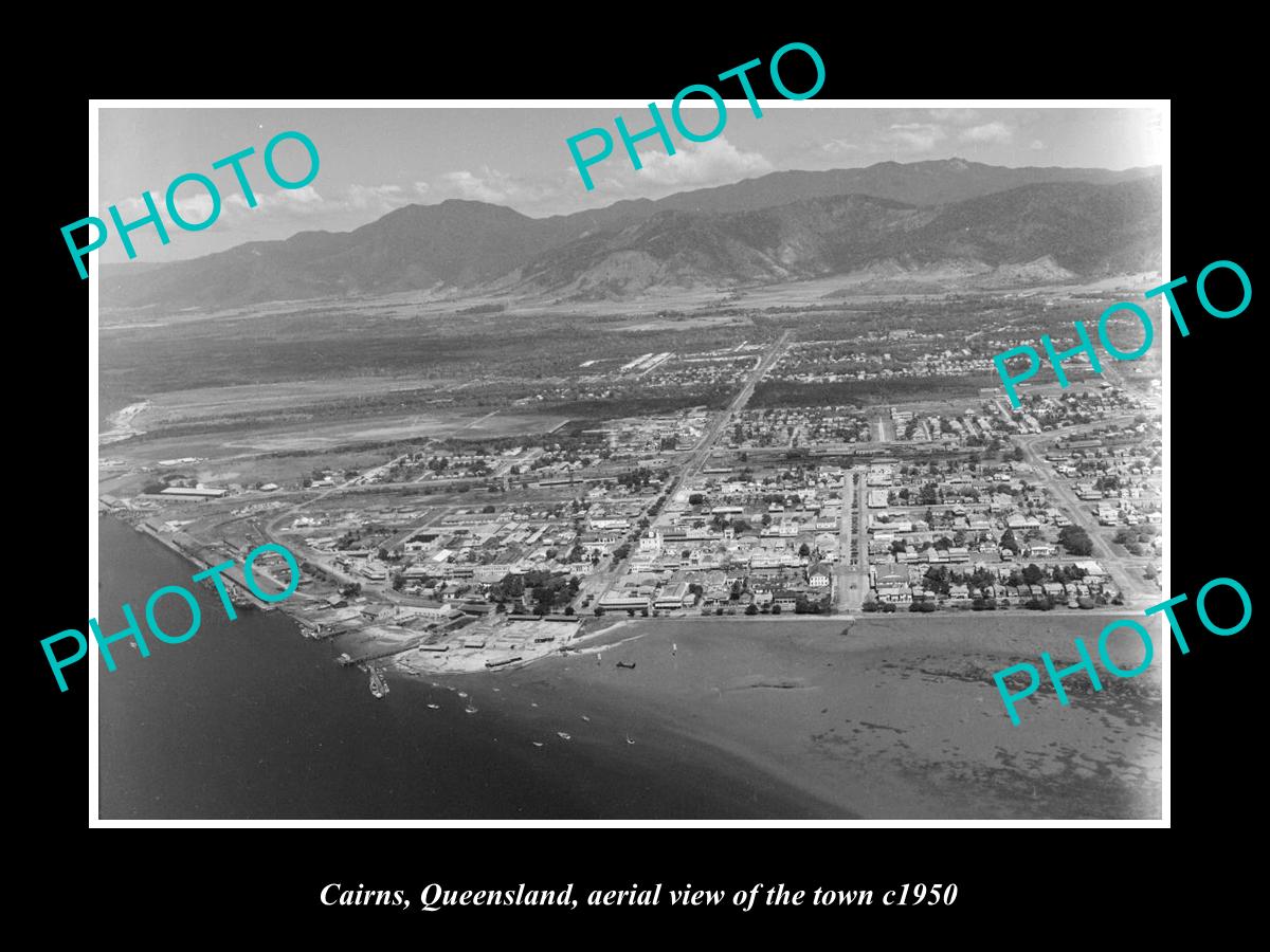 OLD LARGE HISTORIC PHOTO OF CAIRNS QUEENSLAND, AERIAL VIEW OF THE TOWN c1950