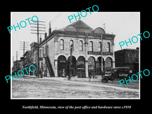 OLD LARGE HISTORIC PHOTO OF NORTHFIELD MINNESOTA, POST OFFICE & HARDWARE c1910