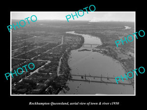 OLD LARGE HISTORIC PHOTO OF ROCKHAMPTON QUEENSLAND, AERIAL VIEW OF TOWN c1950 1