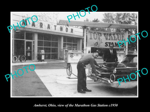 OLD LARGE HISTORIC PHOTO OF AMHERST OHIO, VIEW OF THE MARATHON GAS STATION c1950