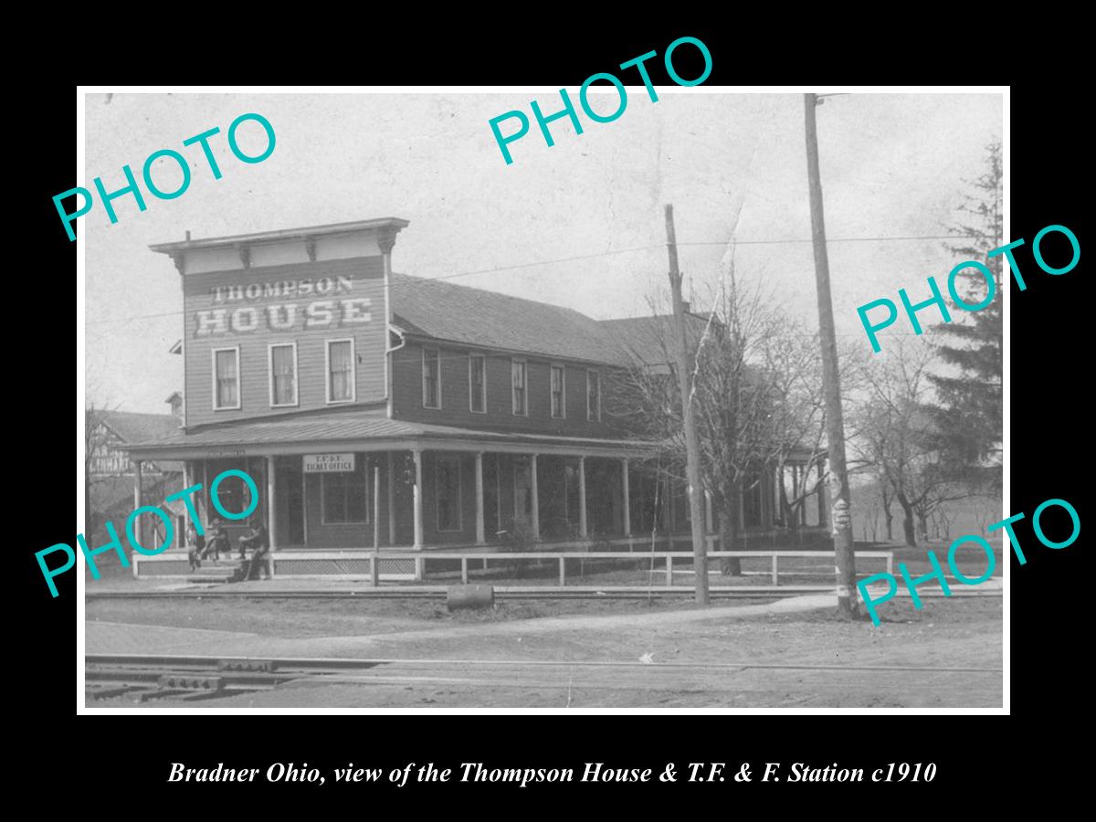 OLD LARGE HISTORIC PHOTO OF BRADNER OHIO, THOMPSON HOUSE & TF&F STATION c1910