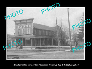 OLD LARGE HISTORIC PHOTO OF BRADNER OHIO, THOMPSON HOUSE & TF&F STATION c1910