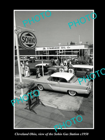 OLD LARGE HISTORIC PHOTO OF CLEVELAND OHIO, VIEW OF THE SOHIO GAS STATION c1950