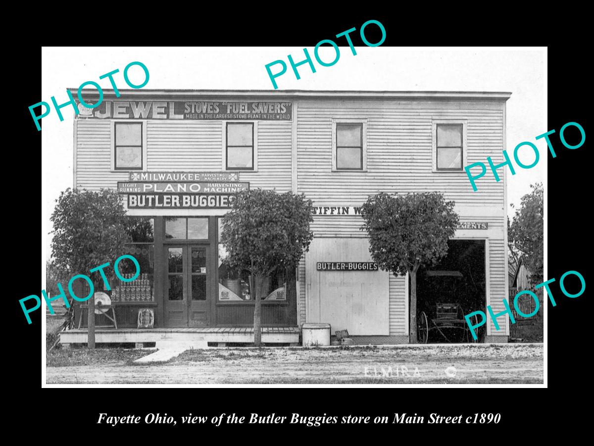 OLD LARGE HISTORIC PHOTO OF FAYETTE OHIO, THE BUTLER BUGGIES STORE c1890