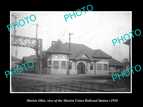 OLD LARGE HISTORIC PHOTO OF MARION OHIO, VIEW OF THE RAILROAD STATION c1910
