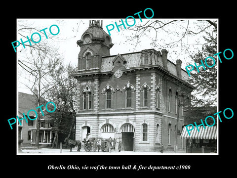 OLD LARGE HISTORIC PHOTO OF OBERLIN OHIO, THE TOWN HALL & FIRE DEPARTMENT c1900