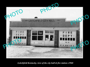 OLD LARGE HISTORIC PHOTO OF LEITCHFIELD KENTUCKY, CITY HALL & FIRE STATION c1960