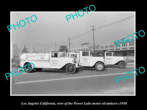 OLD HISTORIC PHOTO OF LOS ANGELES CALIFORNIA, POWER LUBE MOTOR OIL TRUCKS c1930