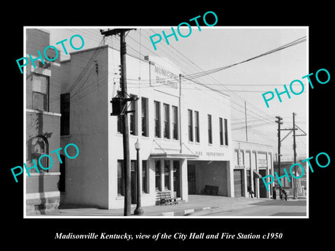 OLD LARGE HISTORIC PHOTO OF MADISONVILLE KENTUCKY, CITY HALL & FIRE STATION 1950