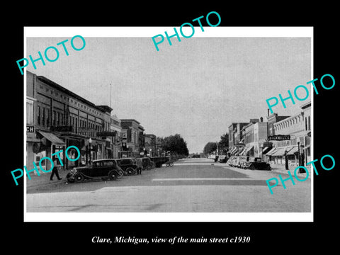 OLD LARGE HISTORIC PHOTO OF CLARE MICHIGAN, VIEW OF THE MAIN STREET STORES c1930