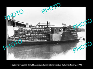 OLD LARGE HISTORIC PHOTO OF ECHUCA VICTORIA, PS MURRABIT LOADING WOOL c1910