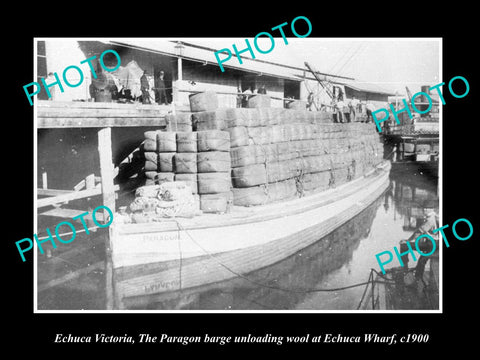 OLD LARGE HISTORIC PHOTO OF ECHUCA VICTORIA, PARAGON BARGE LOADING WOOL c1910