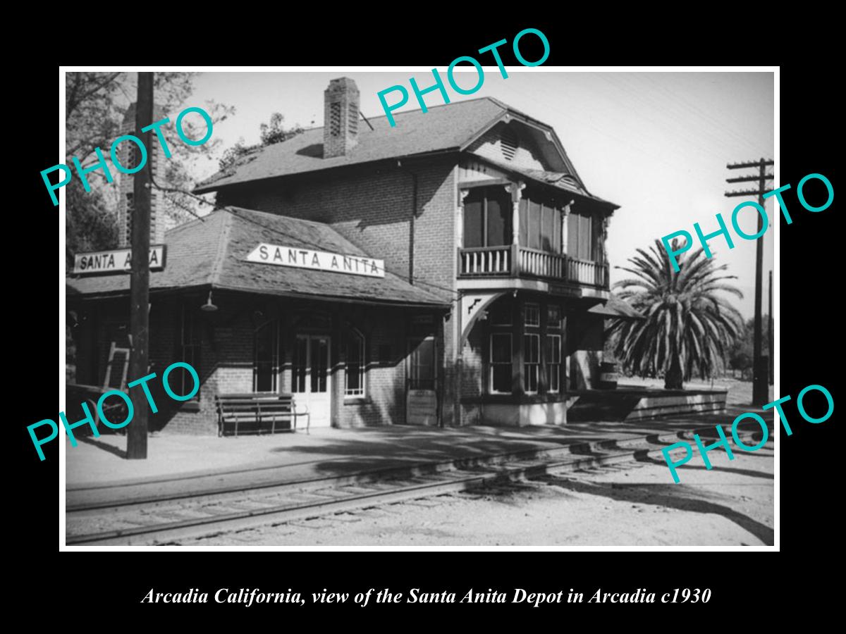 OLD LARGE HISTORIC PHOTO OF ARCADIA CALIFORNIA, SANTA ANITA RAILROAD DEPOT c1930