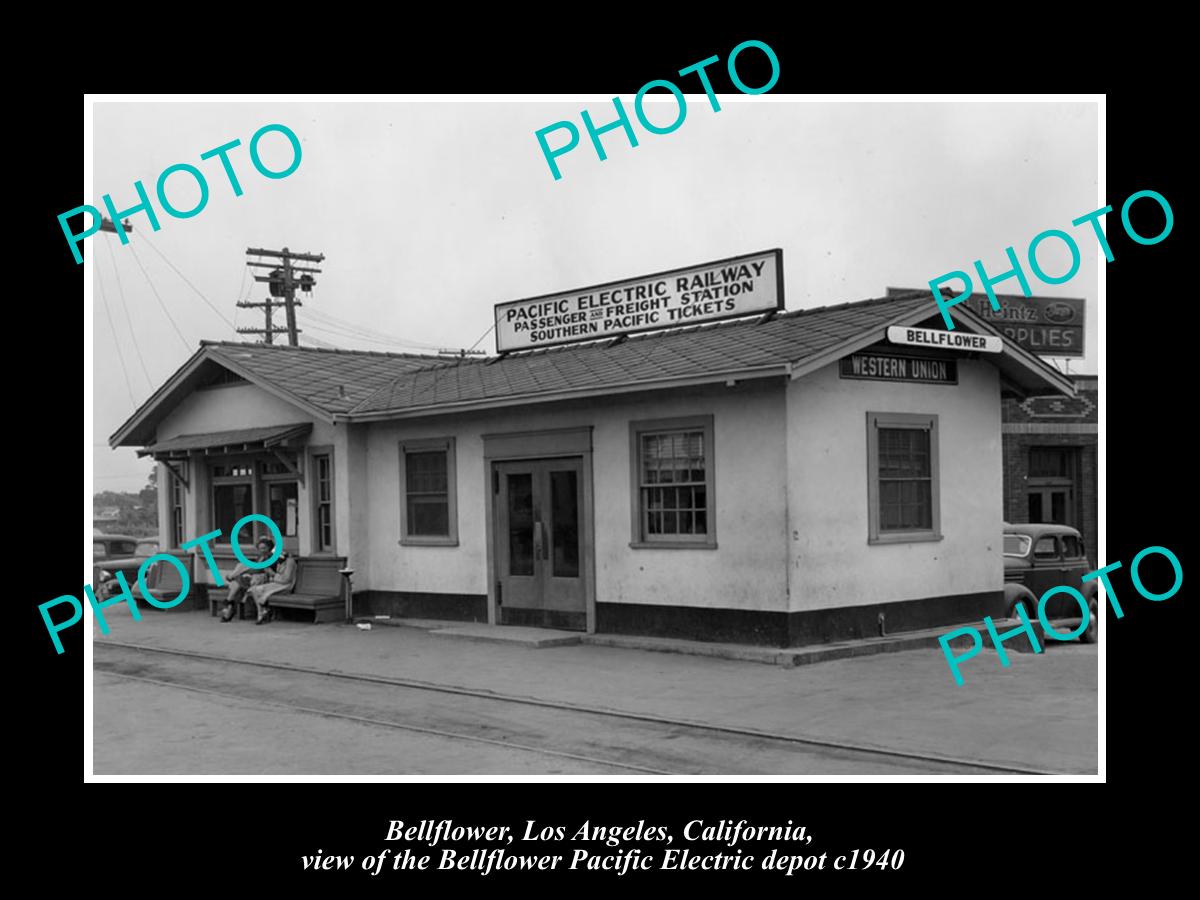 OLD LARGE HISTORIC PHOTO OF BELLFLOWER CALIFORNIA, ELECTRIC RAILWAY DEPOT c1940