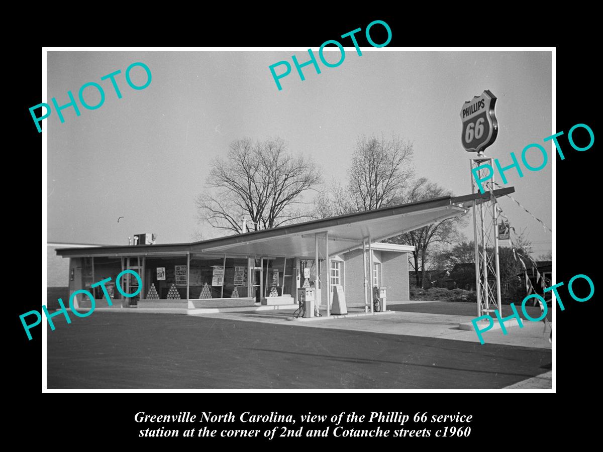 OLD HISTORIC PHOTO OF GREENVILLE NORTH CAROLINA, PHILLIPS 66 GAS STATION c1960 1