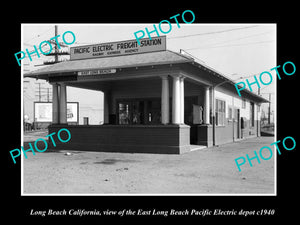 OLD LARGE HISTORIC PHOTO OF LONG BEACH CALIFORNIA, EAST L/B RAILROAD DEPOT c1940