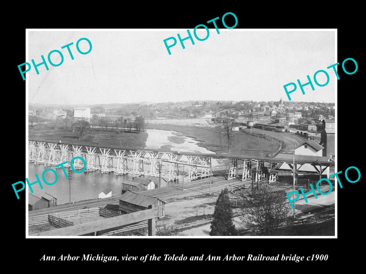 OLD LARGE HISTORIC PHOTO OF ANN ARBOR MICHIGAN, VIEW OF THE RAILROAD BRIDGE 1900