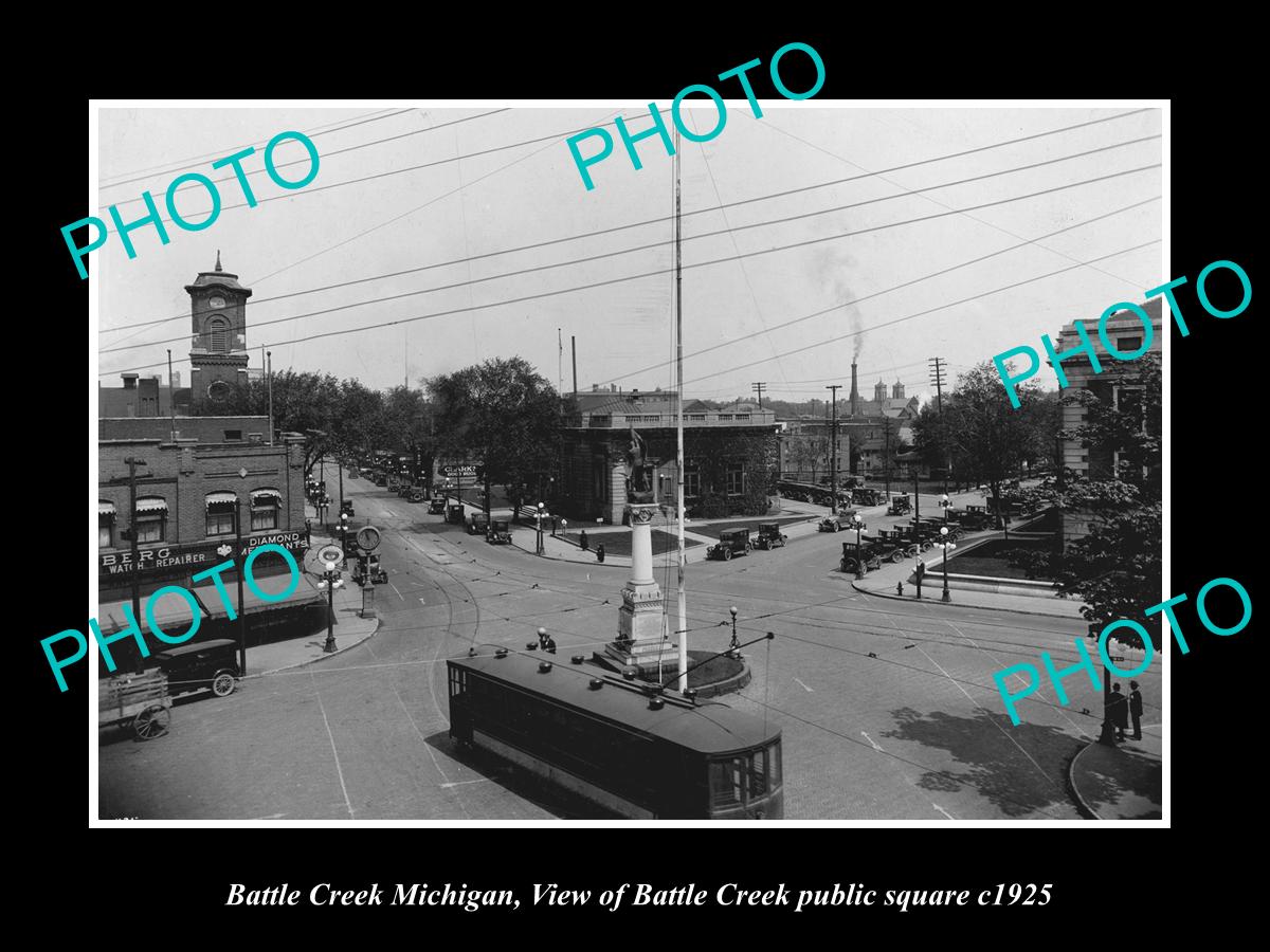 OLD LARGE HISTORIC PHOTO OF BATTLE CREEK MICHIGAN, VIEW OF PUBLIC SQUARE c1925