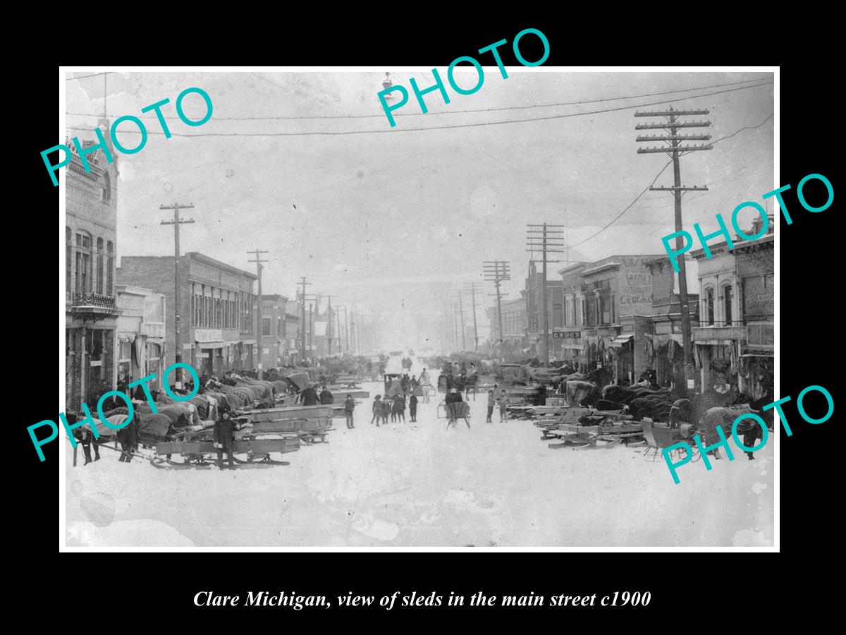 OLD LARGE HISTORIC PHOTO OF CLARE MICHIGAN, SLEDS IN THE MAIN STREET c1900