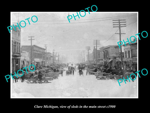 OLD LARGE HISTORIC PHOTO OF CLARE MICHIGAN, SLEDS IN THE MAIN STREET c1900