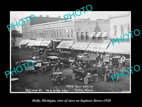 OLD LARGE HISTORIC PHOTO OF HOLLY MICHIGAN, THE STORES ON SAGINAW STREET c1920