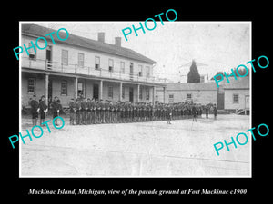 OLD LARGE HISTORIC PHOTO OF MACKINAC ISLAND MICHIGAN, FORT MACKINAC PARADE c1900