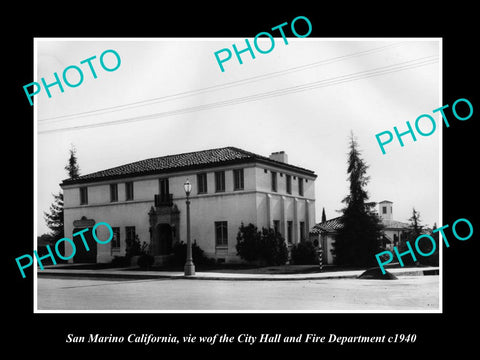 OLD LARGE HISTORIC PHOTO OF SAN MARINO CALIFORNIA THE FIRE DEPT & CITY HALL 1940