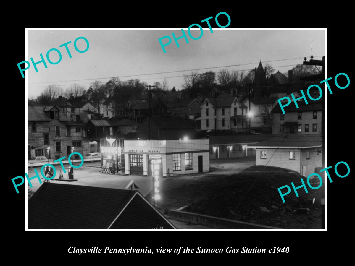 OLD LARGE HISTORIC PHOTO OF CLAYSVILLE PENNSYLVANIA, THE SUNOCO GAS STATION 1940