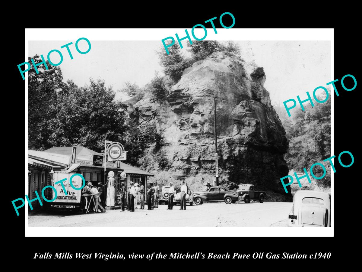 OLD HISTORIC PHOTO OF FALLS MILLS WEST VIRGINIA, MITCHELL BEACH GAS STATION 1940