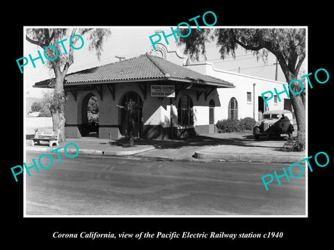 OLD HISTORIC PHOTO OF CORONA CALIFORNIA, PACIFIC ELECTRIC RAILWAY STATION 1940