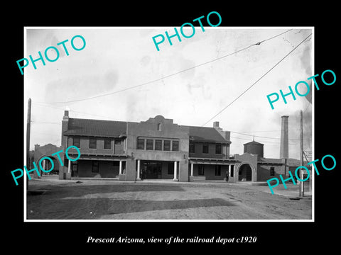 OLD LARGE HISTORIC PHOTO OF PRESCOTT ARIZONA, THE RAILROAD DEPOT STATION c1920