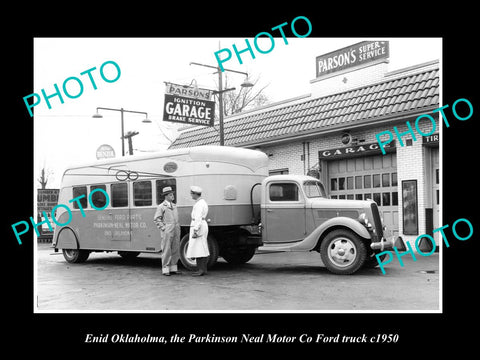 OLD LARGE HISTORIC PHOTO OF ENID OKLAHOMA, THE FORD MOTOR Co PARTS TRUCK c1950