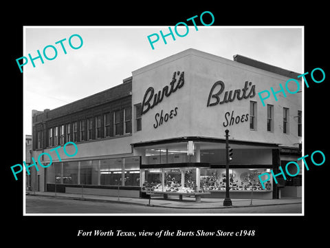 OLD LARGE HISTORIC PHOTO OF FORT WORTH TEXAS, VIEW OF BURTS SHOE STORE c1948