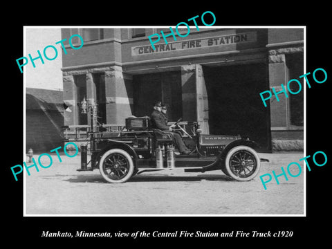 OLD LARGE HISTORIC PHOTO OF MANKATO MINNESOTA, CENTRAL FIRE STATION TRUCK c1920