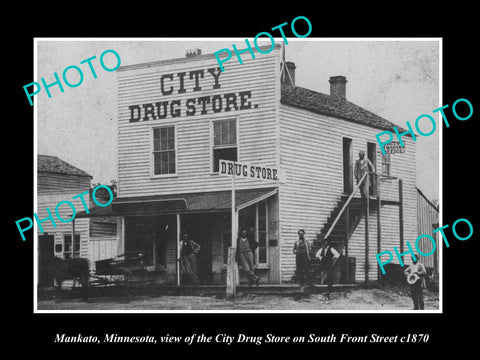 OLD LARGE HISTORIC PHOTO OF MANKATO MINNESOTA, THE CITY DRUG STORE c1870