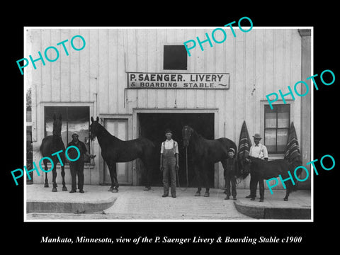 OLD LARGE HISTORIC PHOTO OF MANKATO MINNESOTA, THE SAENGER HORSE STABLES c1900