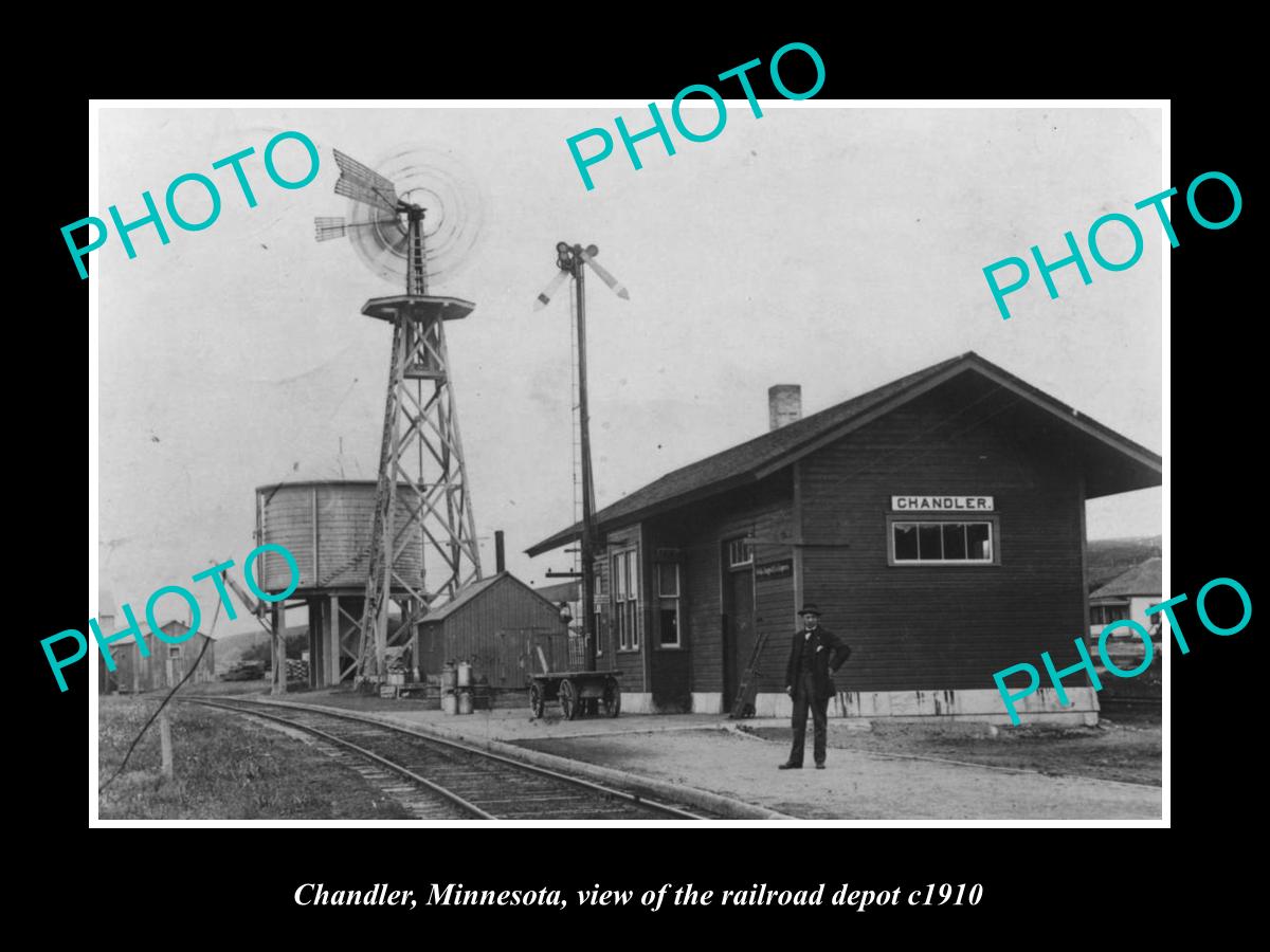 OLD LARGE HISTORIC PHOTO OF CHANDLER MINNESOTA, THE RAILROAD DEPOT STATION c1910