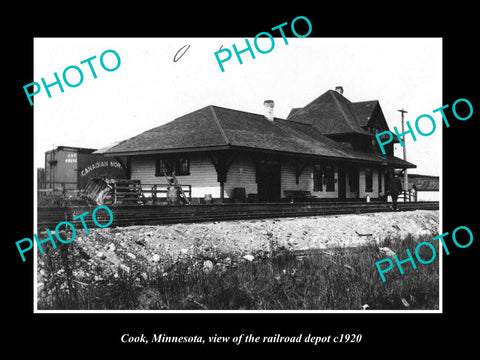 OLD LARGE HISTORIC PHOTO OF COOK MINNESOTA, THE RAILROAD DEPOT STATION c1920