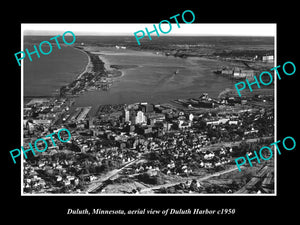 OLD LARGE HISTORIC PHOTO OF DULUTH MINNESOTA, AERIAL VIEW OF THE HARBOR c1950