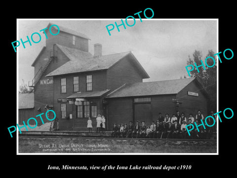 OLD LARGE HISTORIC PHOTO OF IONA MINNESOTA, THE LAKE RAILROAD DEPOT STATION 1910