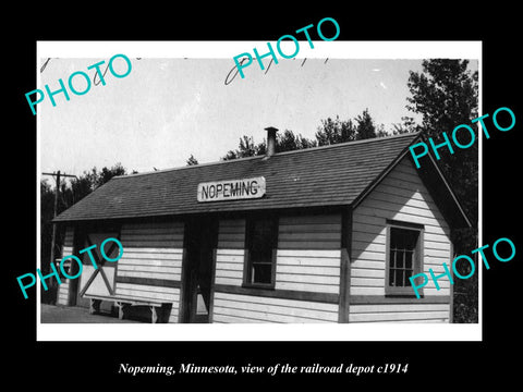 OLD LARGE HISTORIC PHOTO OF NOPEMING MINNESOTA, THE RAILROAD DEPOT STATION 1914