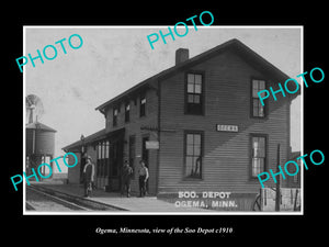 OLD LARGE HISTORIC PHOTO OF OGEMA MINNESOTA, THE RAILROAD DEPOT STATION 1910