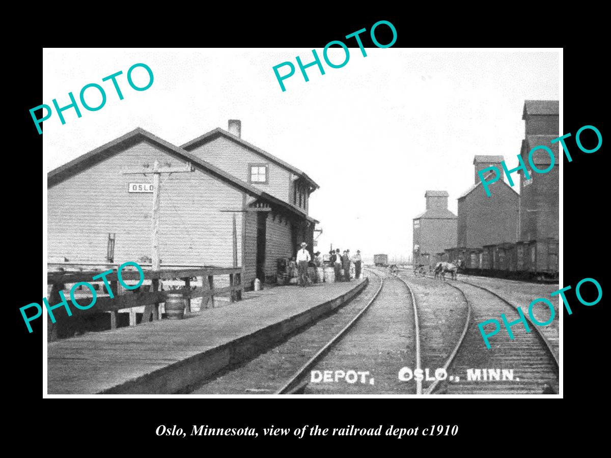 OLD LARGE HISTORIC PHOTO OF OSLO MINNESOTA, THE RAILROAD DEPOT STATION 1910