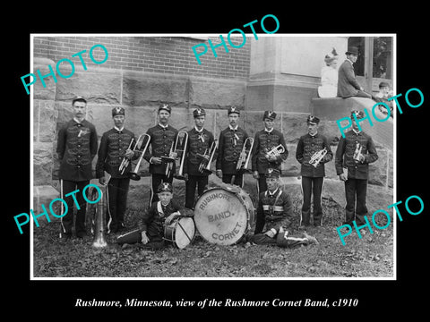 OLD LARGE HISTORIC PHOTO OF RUSHMORE MINNESOTA, THE RUSHMORE CORONET BAND c1910