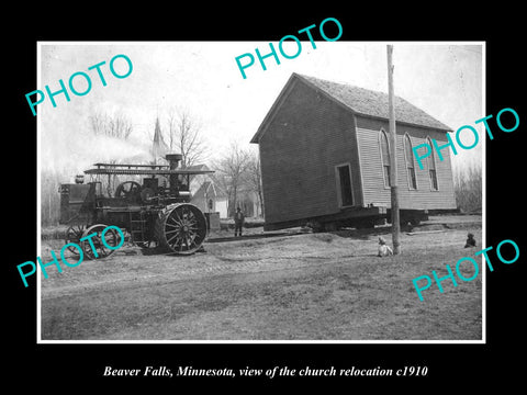 OLD LARGE HISTORIC PHOTO OF BEAVER FALLS MINNESOTA, TRACTOR MOVING CHURCH c1910