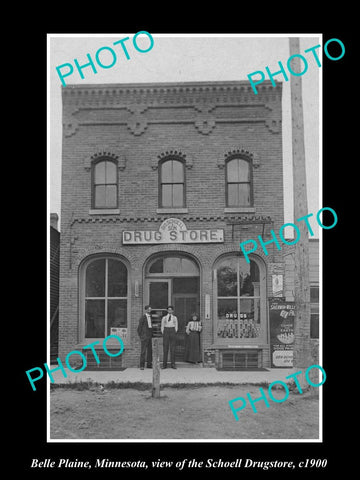 OLD LARGE HISTORIC PHOTO OF BELLE PLAINE MINNESOTA, THE SCHOELL DRUG STORE c1900