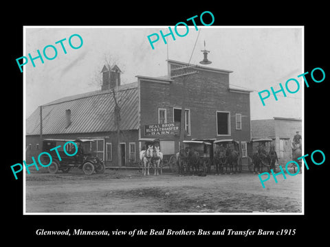 OLD LARGE HISTORIC PHOTO OF GLENWOOD MINNESOTA, THE BEAL BROS BUS BARN c1915